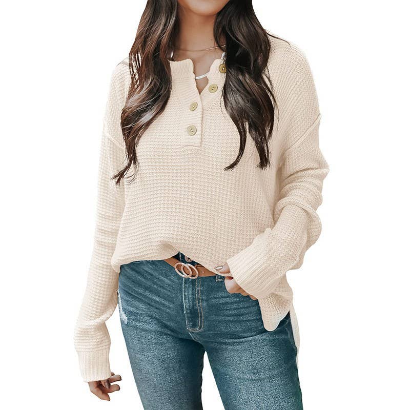 BUTTON-DOWN V-NECK LONG-SLEEVED PULLOVER SWEATER