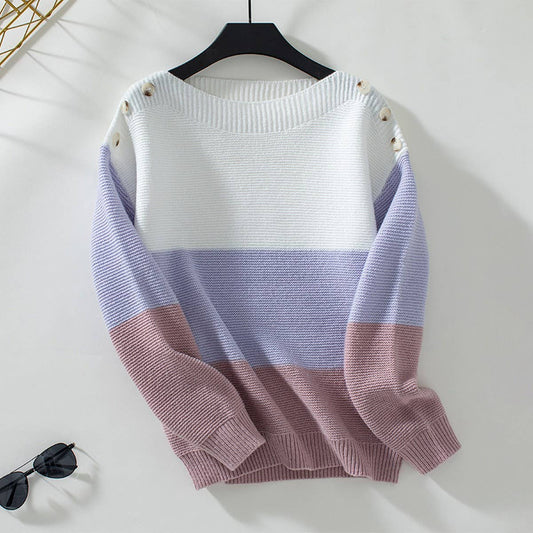Color contrast collar button pullover sweater