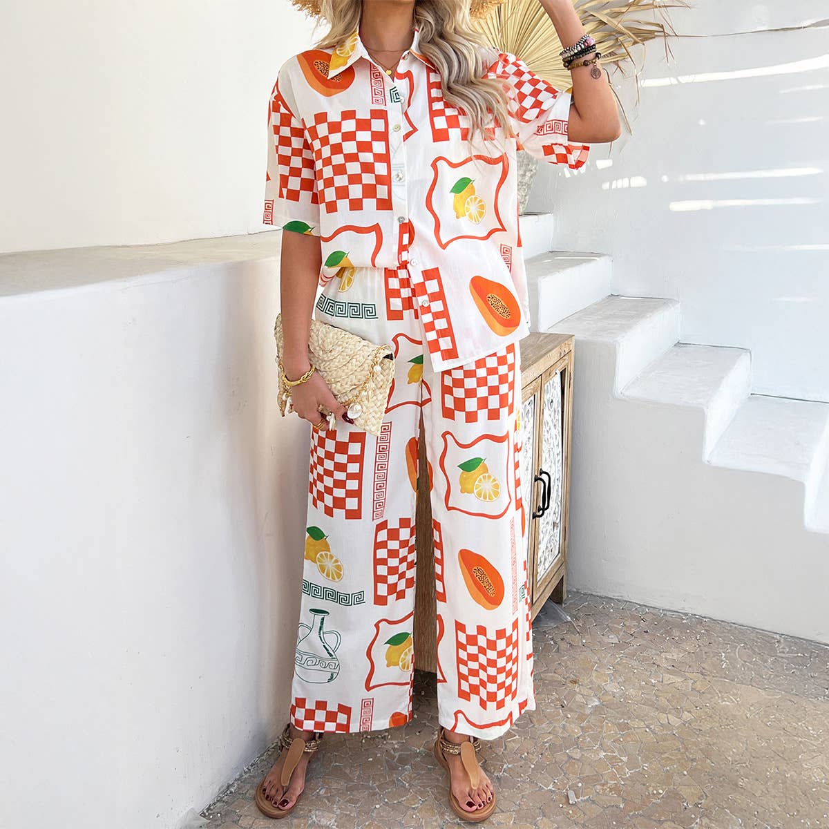 Color contrast printed pants shirt loose suit