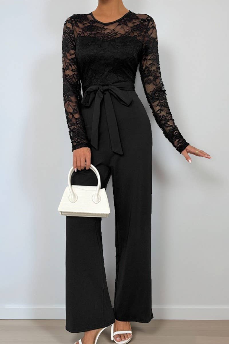 CWSJS00276_LACE PATCHWORK ZIP TIE SOLID LOOSE JUMPSUIT