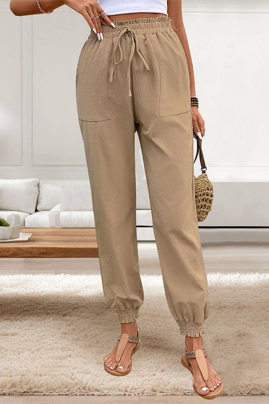 CWBLP1793_SUMMER SOLID COLOR TEXTURED ELASTIC WAIST PANTS