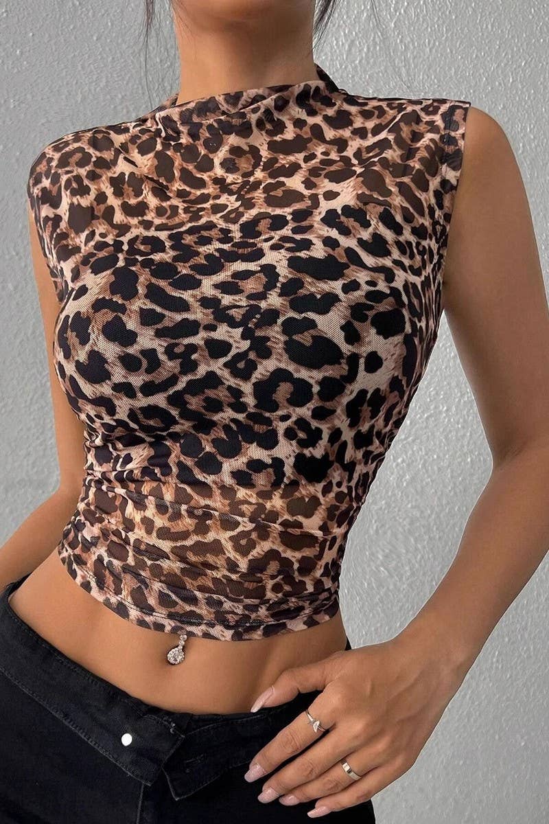 CWTBLSL0861_SLEEVELESS SLIM FIT LEOPARD PRINT MOCK NECK TOP