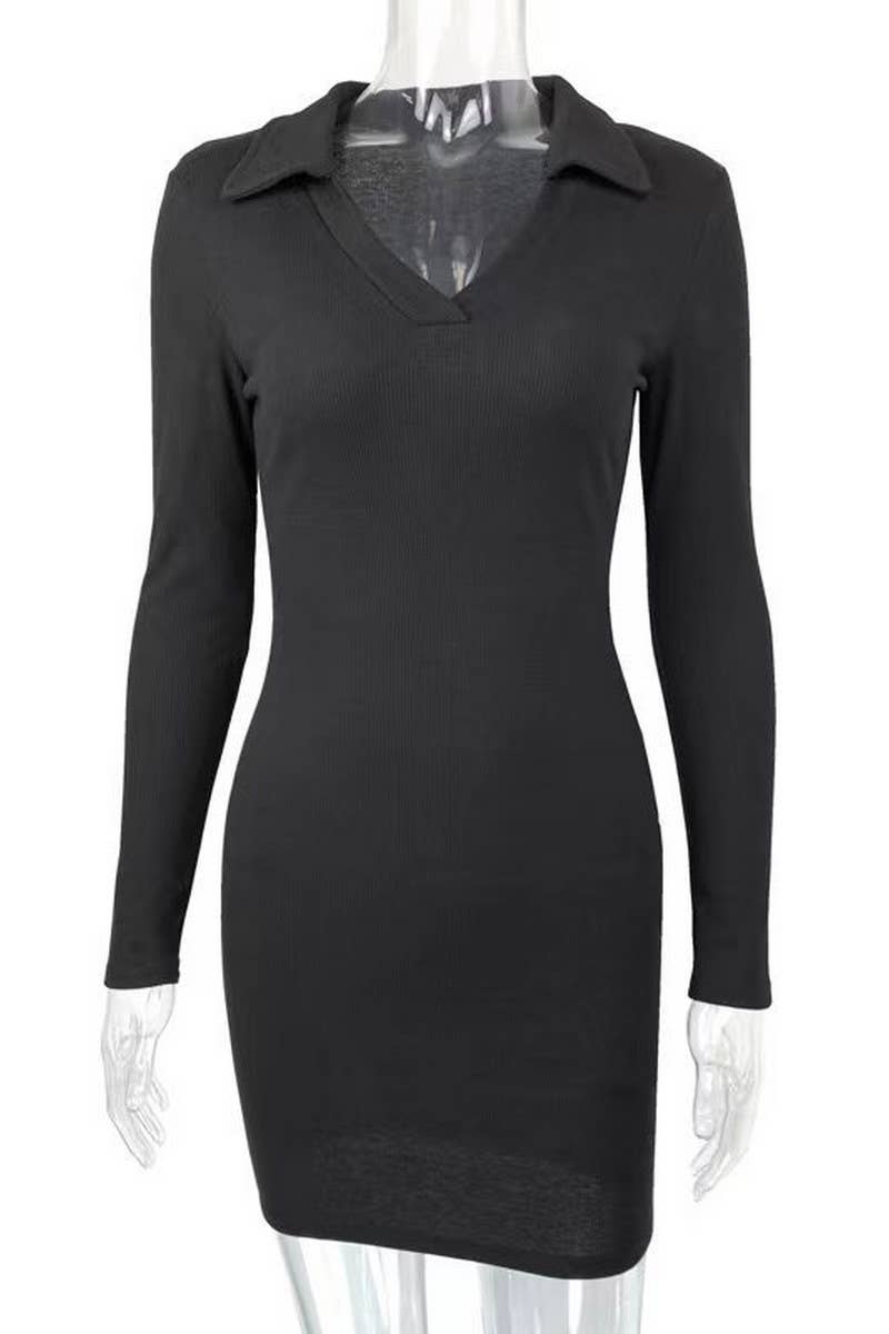 CWDSD7461_LAPEL RIBBED KNIT LONG SLEEVE BOTTOMING DRESS