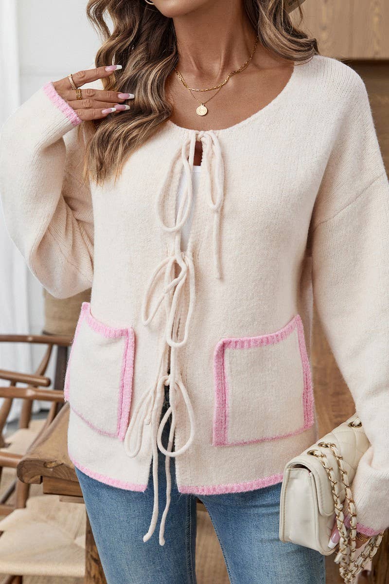 CWOCAL00719_COLORBLOCK BOW TIE LOOSE KNIT CARDIGAN TOP