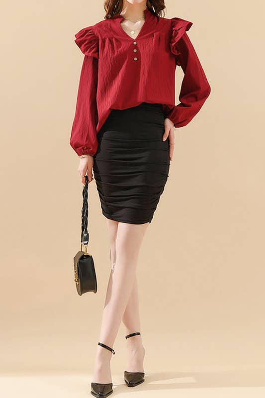 CWTBLL259_RUFFLED BUTTON SOLID COLOR V NECK  BLOUSE