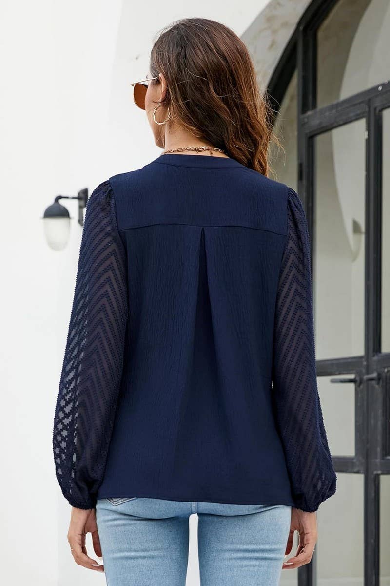 CWTBLL3999_SOLID V-NECK LACE PANEL CHIFFON BLOUSE