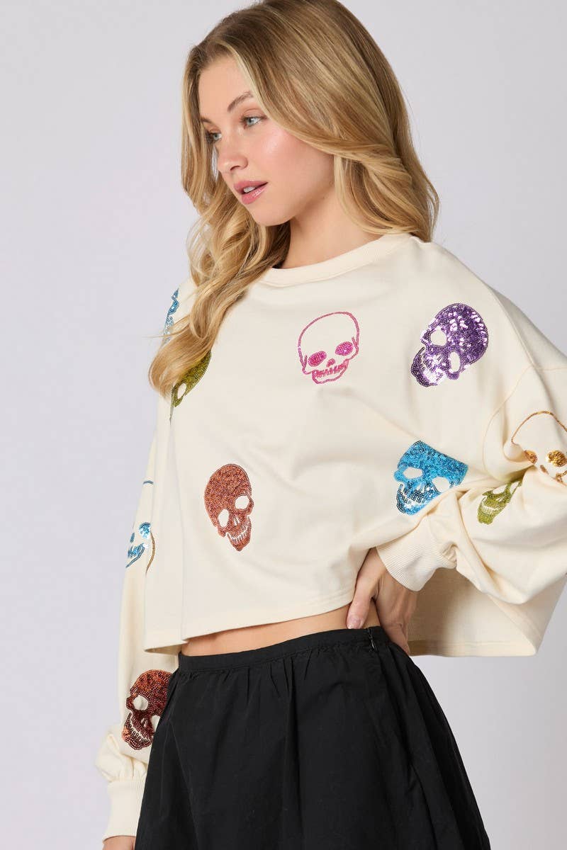 CWTBLL01262_HALLOWEEN SKULL SEQUIN LOOSE SWEATSHIRT