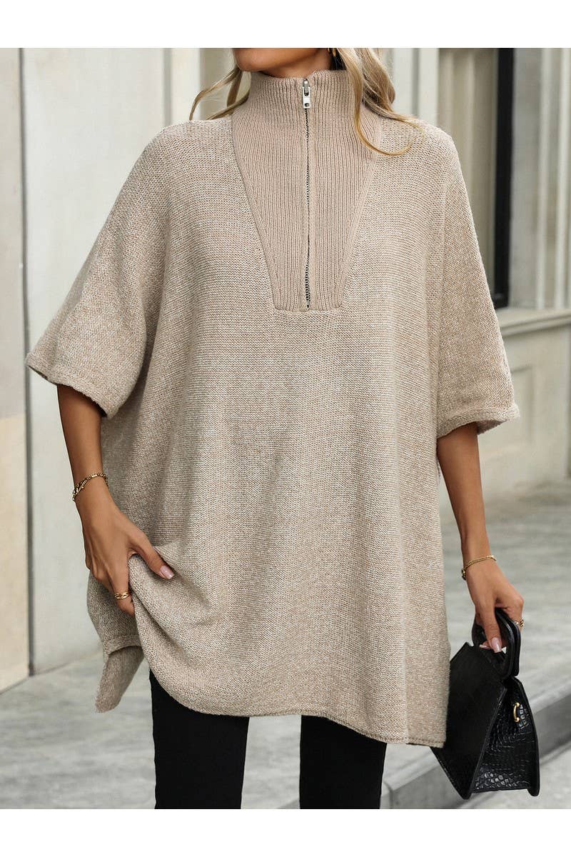 CWOSWS0082_Long Lapel Bat Sleeve Knit Zip Up Sweater