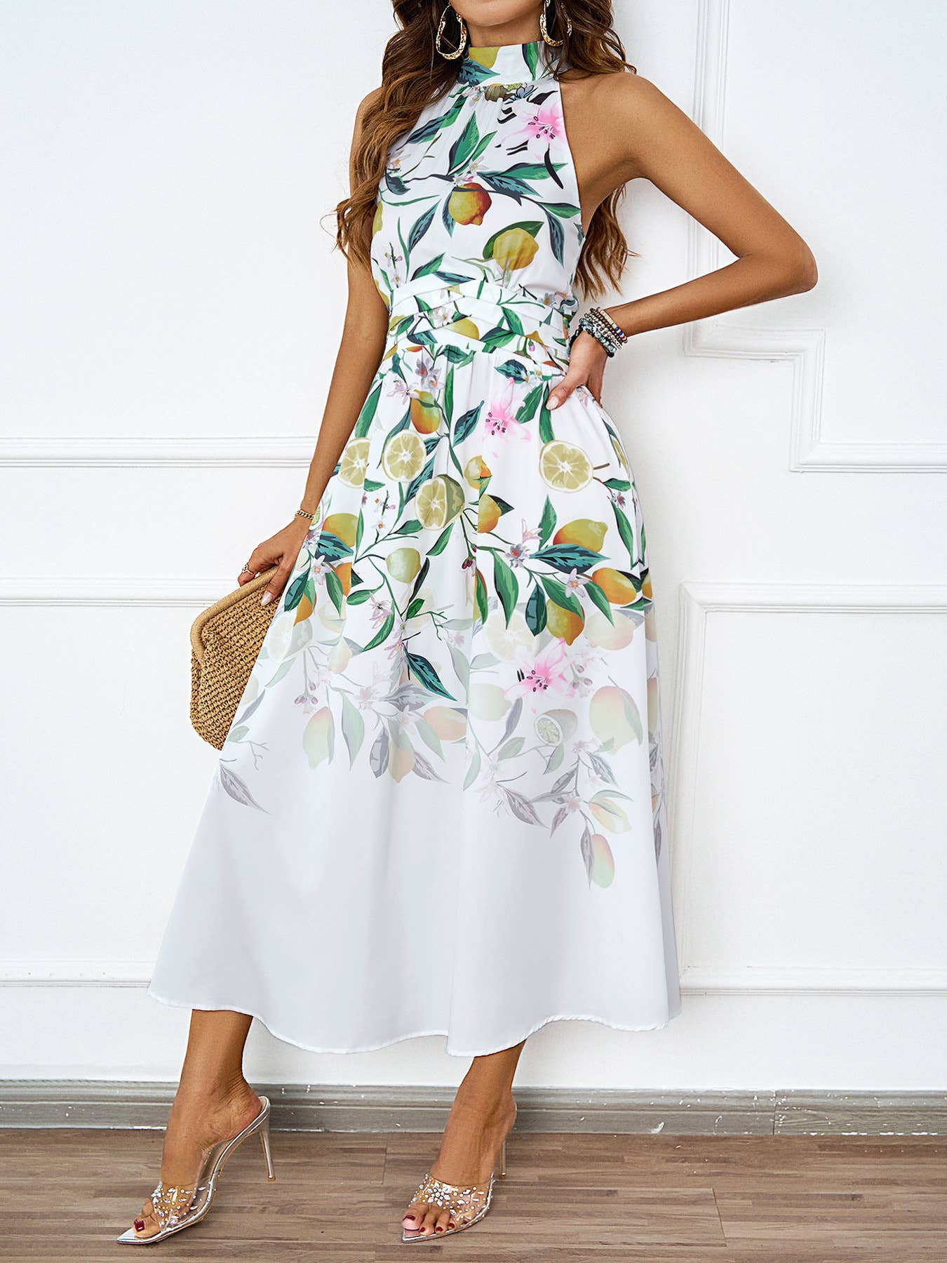 FASHION HALTER PRINT WAIST SLIMMING DRESS