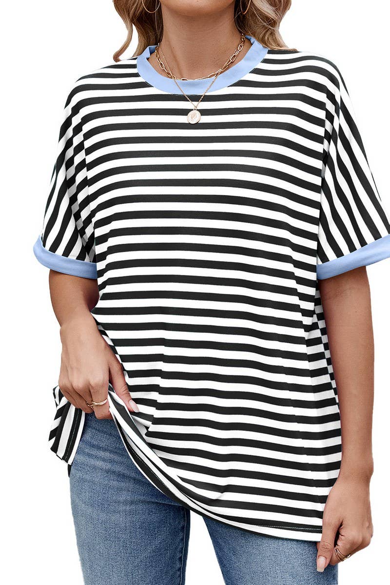 CWTTS1343_SUMMER STRIPED CONTRAST LOOSE SHORT SLEEVES