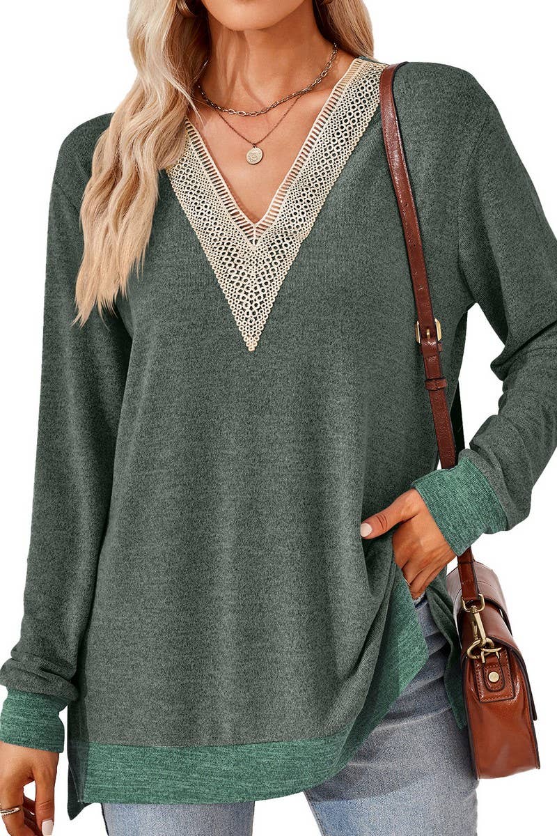 CWTBLL3660_AUTUMN NEW V-NECK LACE SOLID COLOR LOOSE T-SHIRT