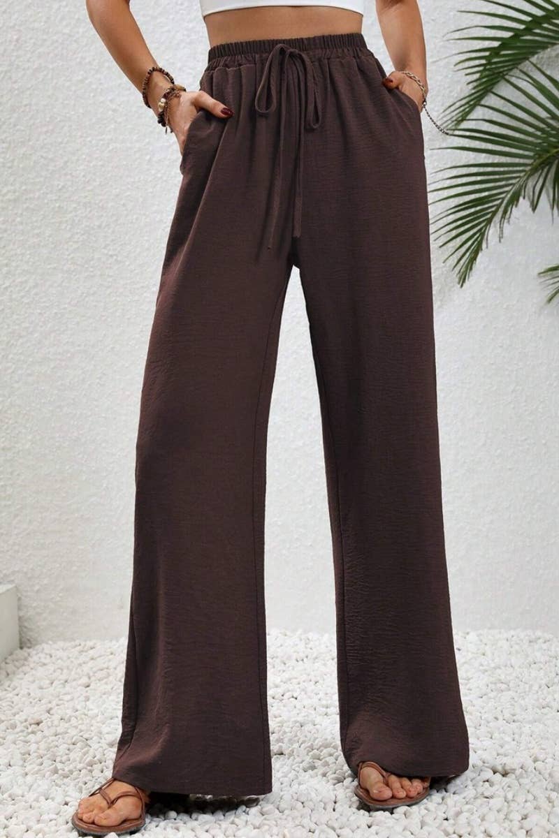 CWBMP0139_SUMMER CASUAL SOLID COLOR LACE-UP WIDE-LEG PANTS