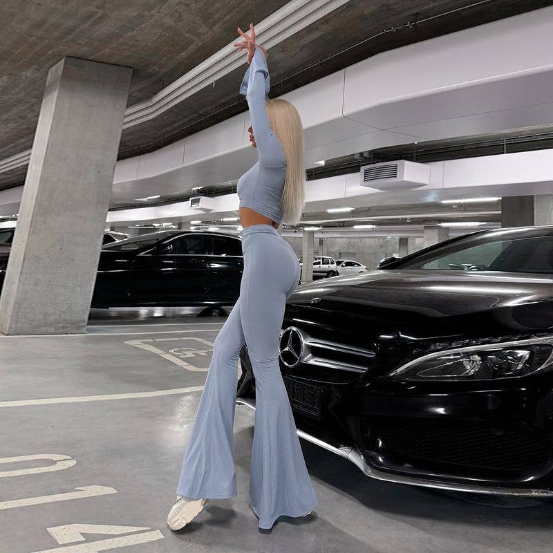 Bell Sleeve Crop Top & High Waist Flare Pants Set