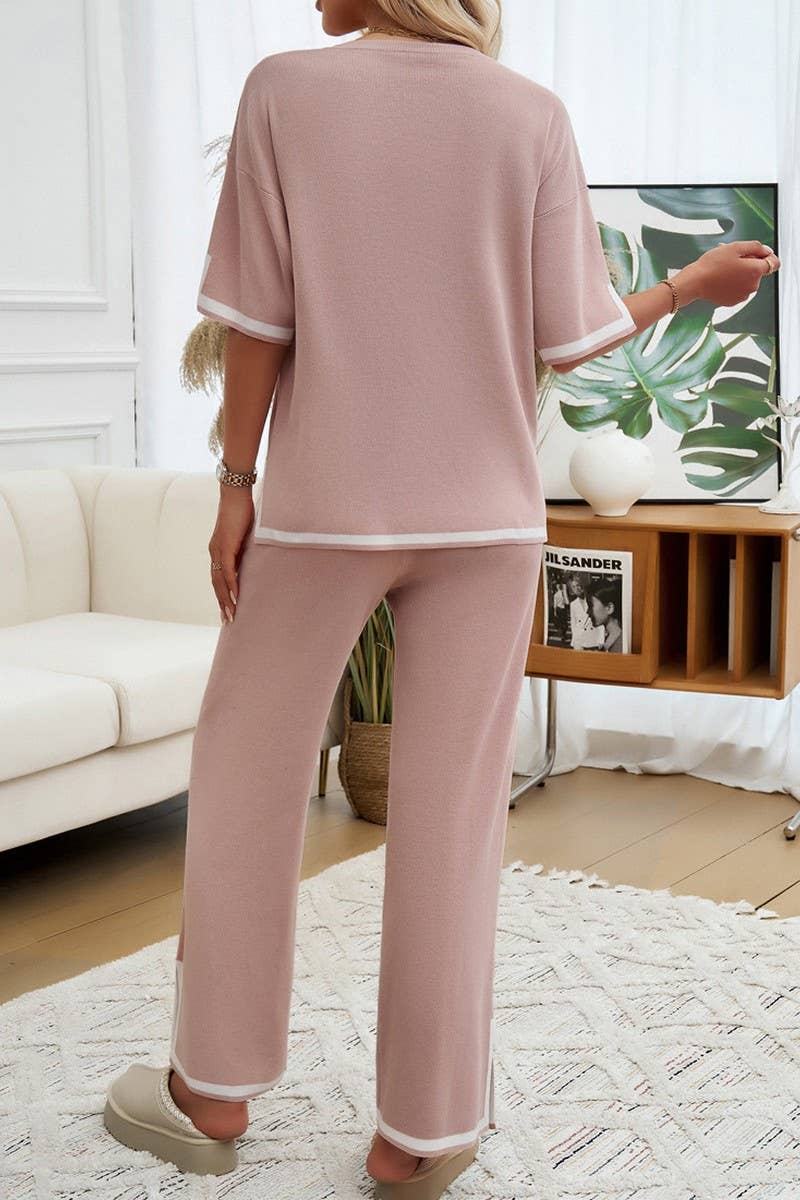 CWSTB0997_CONTRAST COLOR SHORTSLEEVED TROUSERS SWEATER SUIT