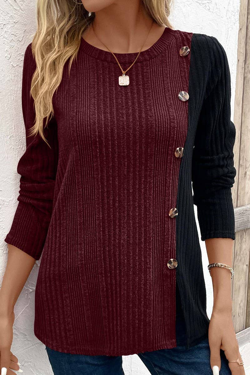 CWTBLL3195_COLORBLOCK CONTRAST BUTTON-DOWN SLIT CASUAL TOP