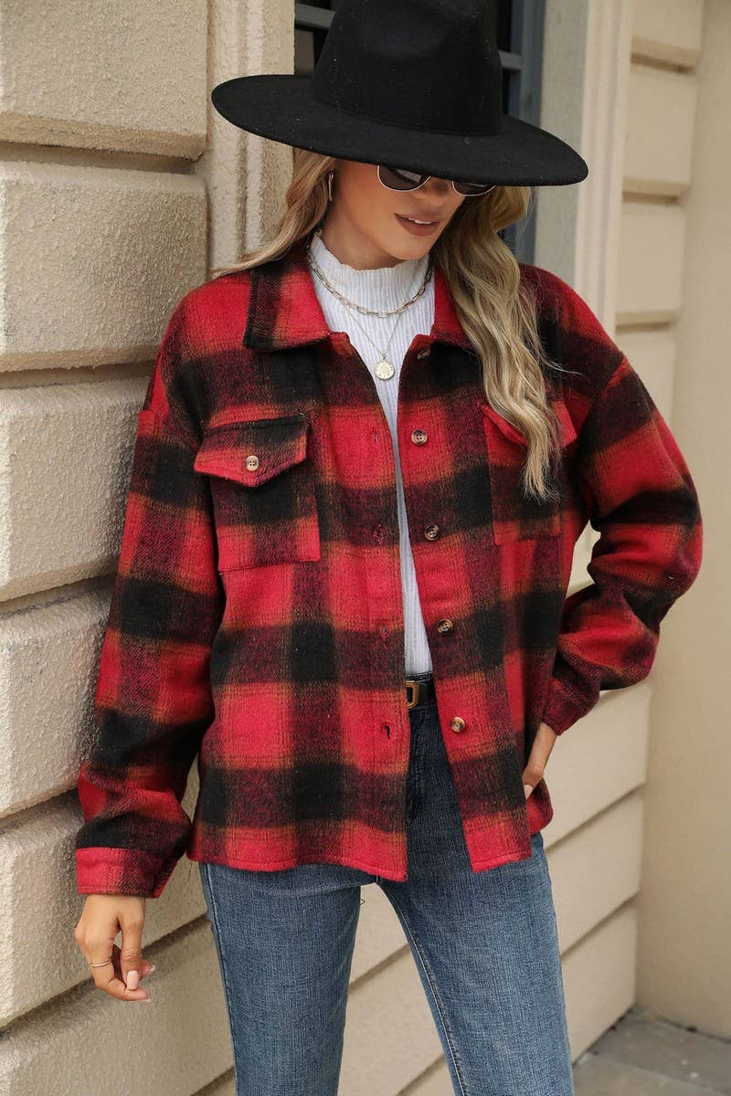 CWOCO0874_LONG SLEEVE LOOSE STRIPED PLAID CARDIGAN COAT