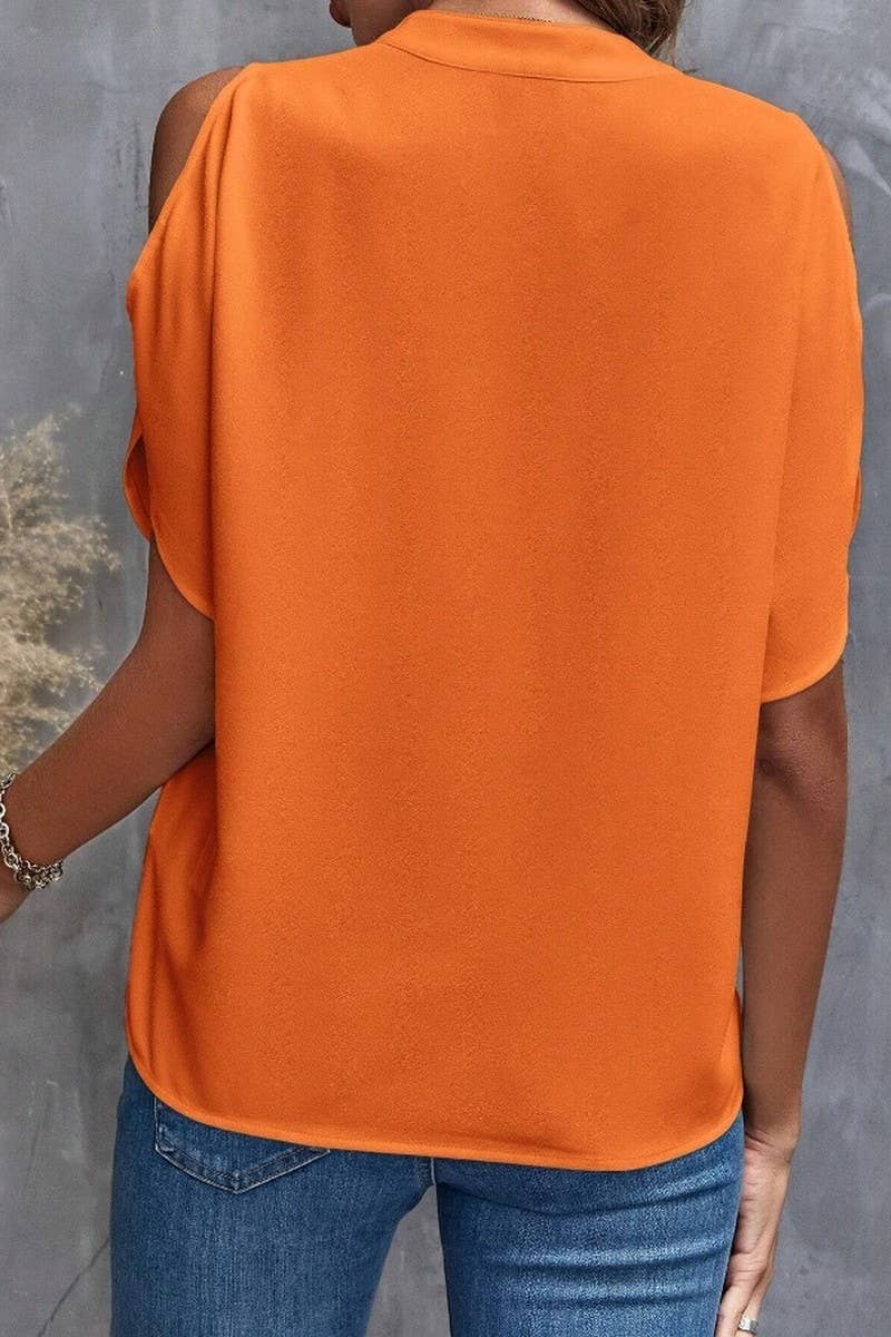 CWTBLS0609_SOLID COLOR V NECK OFF SHOULDER LOOSE CHIFFON TOP