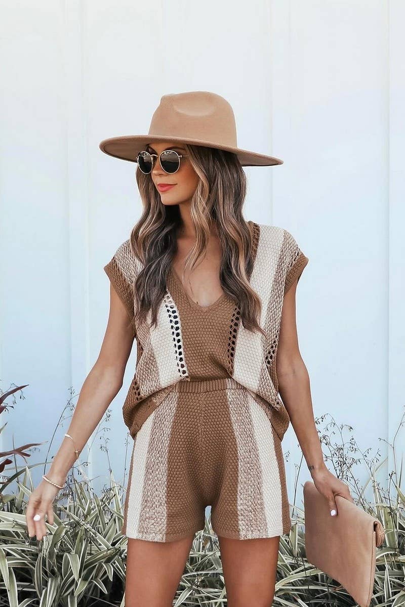 CWSTB1506_CASUAL SHORTS V-NECK KNITTED TOP TWO-PIECE SET