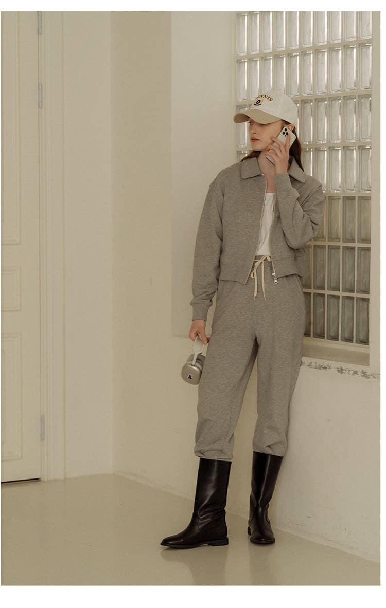 Casual lapel top sweatpants and sportswear set
