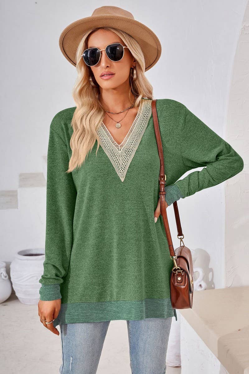 CWTBLL3660_AUTUMN NEW V-NECK LACE SOLID COLOR LOOSE T-SHIRT