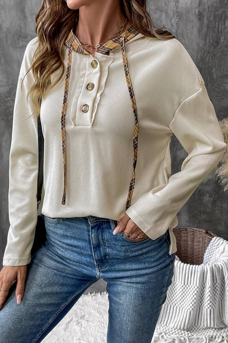 CWOHOL0687_PANELED CHECK LONG SLEEVE HOODIE