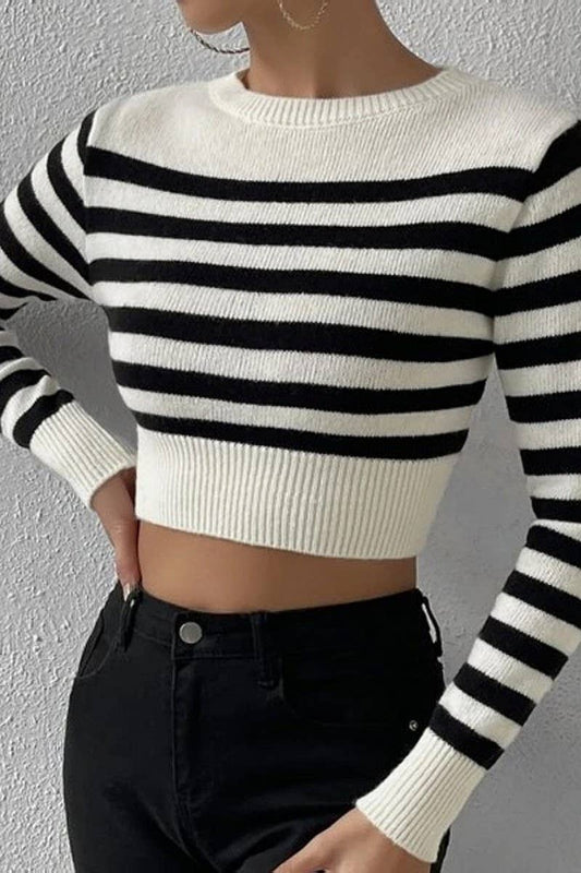 CWOSWL6270_STRIPED LONG SLEEVE CROPPED PULLOVER SWEATER TOP