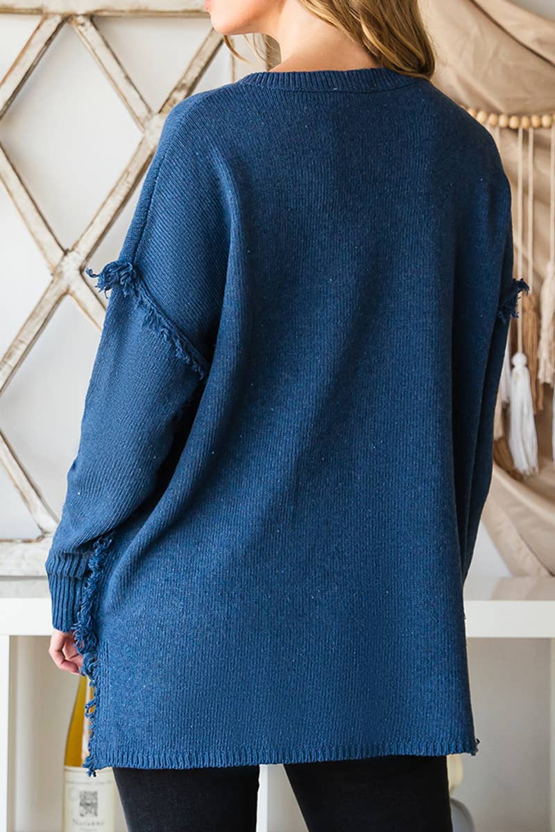 CWOSWL646_BUTTON DOWN FRINGE SHOULDER SWEATER KNIT TOP