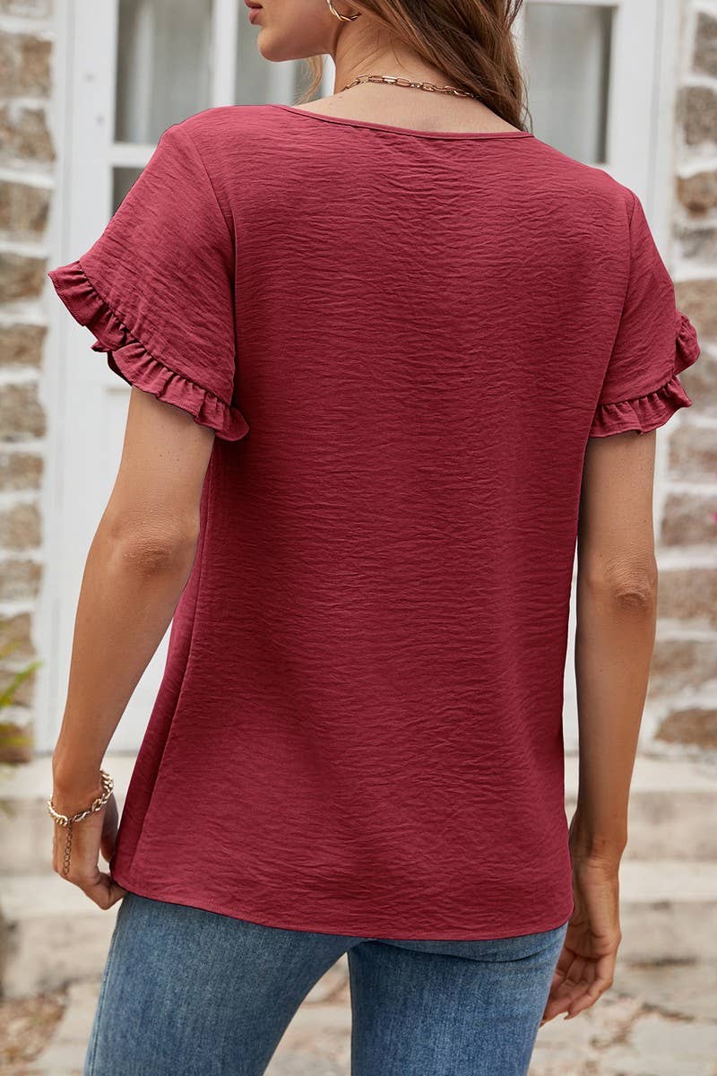 CWTBLS0352_Round neck Short Ruffle Sleeve Blouse