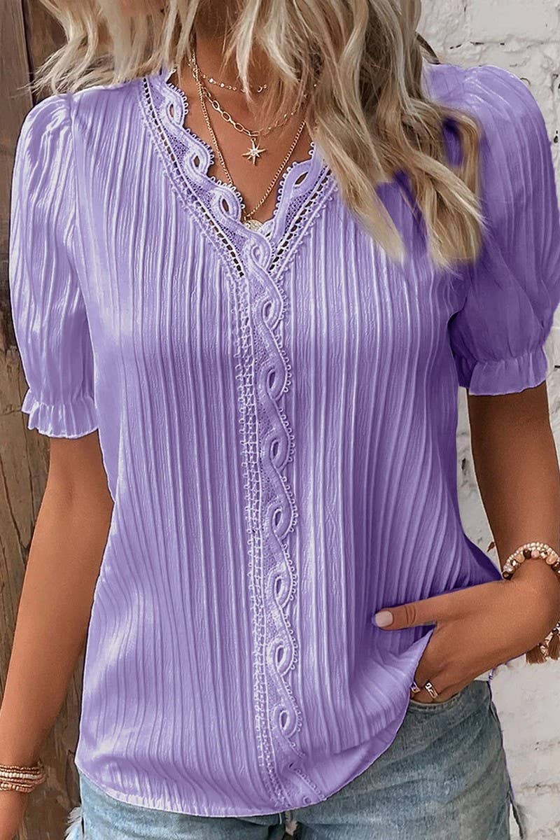CWTBLS1468_SOLID COLOR V-NECK HOLLOW SHORT-SLEEVED SHIRT