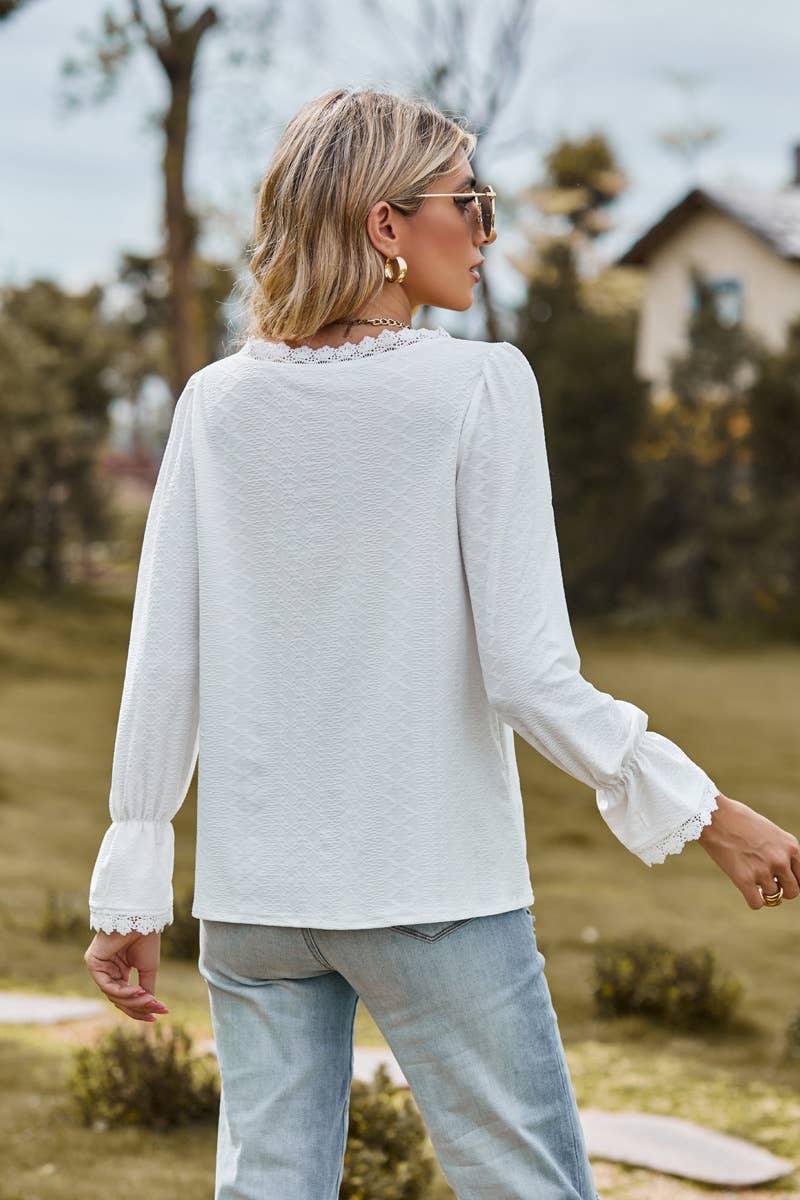 CWTBLL2710_STYLISH V-NECK LACE PATCHWORK LONG-SLEEVED TOP