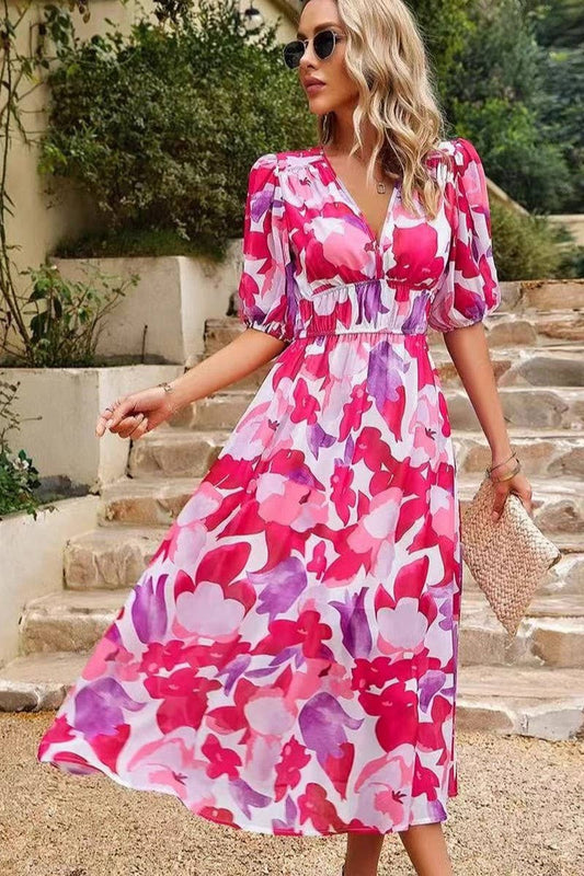 CWDMD5833_FLORAL V-NECK CINCHED WAIST MAXI DRESS