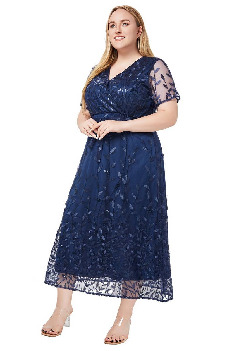 CWDMD3229_PLUS SIZE V-NECK SEQUINED BRIDESMAID DRESS