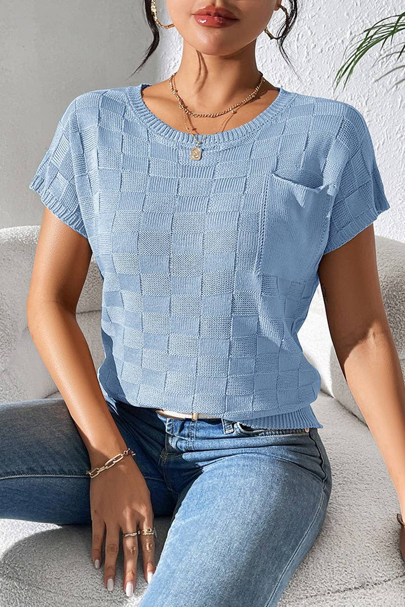 CWOSWS0086_SOLID COLOR LOOSE KNIT SHORT-SLEEVED TOP