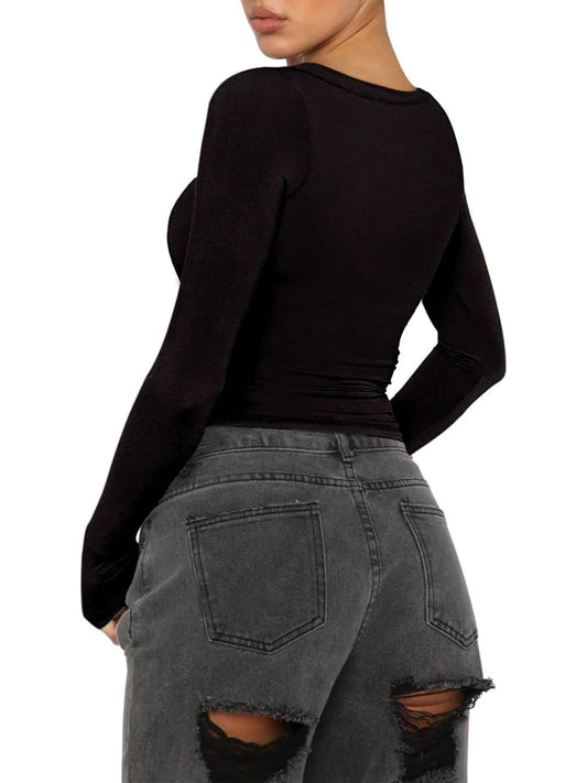 Button casual slimming knitted crop top T-shirt