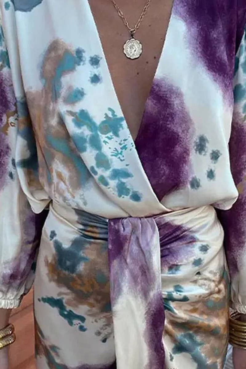 CWSS1248_V-NECK TEMPERAMENT LONG SLEEVE SLIT TWO-PIECE