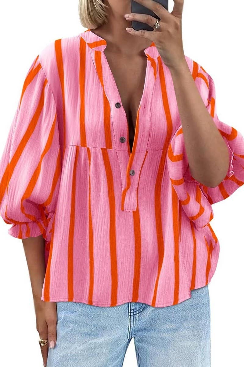 CWTBLL01203_2025 SUMMER FALL STRIPED PUFF SLEEVE BLOUSE