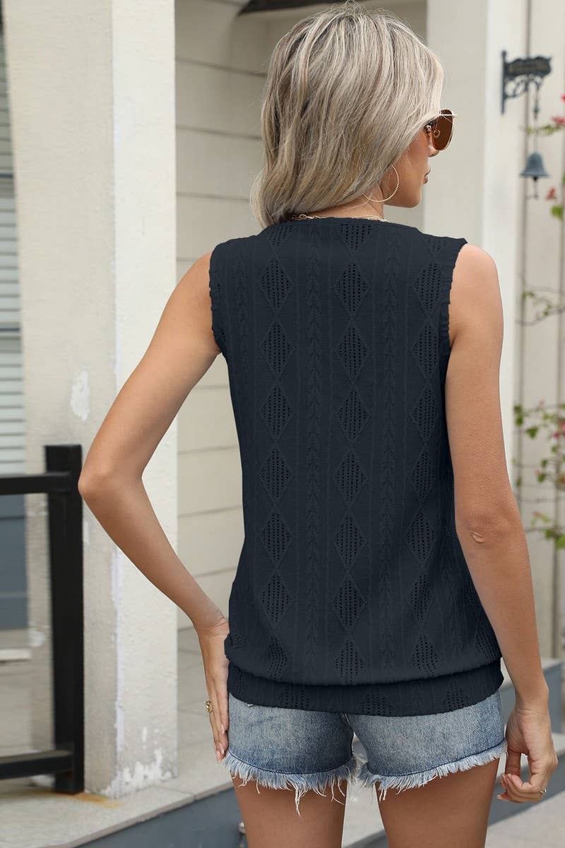 CWTBLSL0667_V-NECK SOLID COLOR SLEEVELESS JACQUARD VEST