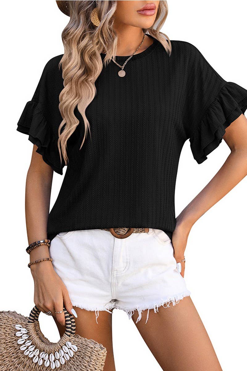 CWTBLS0906_ROUND NECK SHORT SLEEVE SHIRT WITH LOTUS SLEEVES