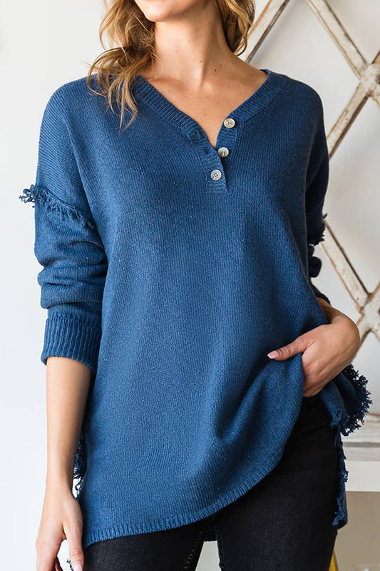CWOSWL646-P_BUTTON DOWN FRINGE SHOULDER SWEATER KNIT TOP