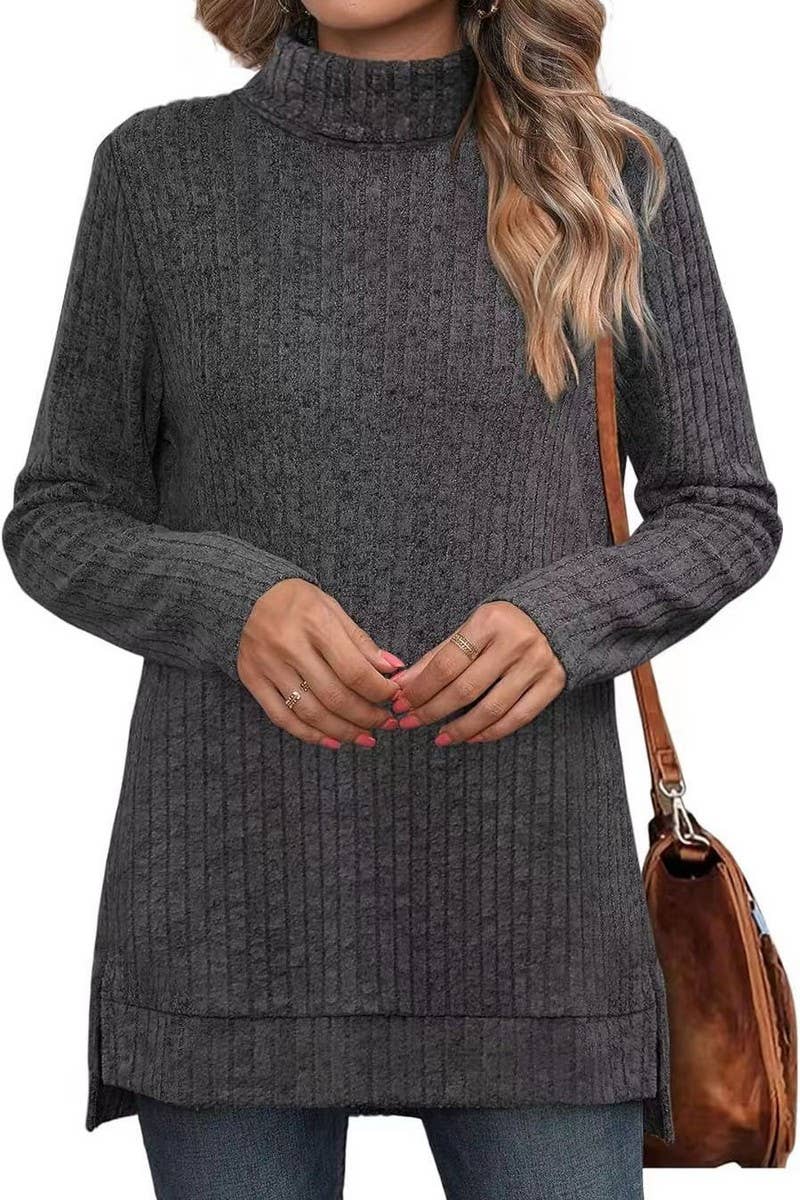 CWTBLL3684_AUTUMN AND WINTER SOLID COLOR HIGH COLLAR LOOSE T