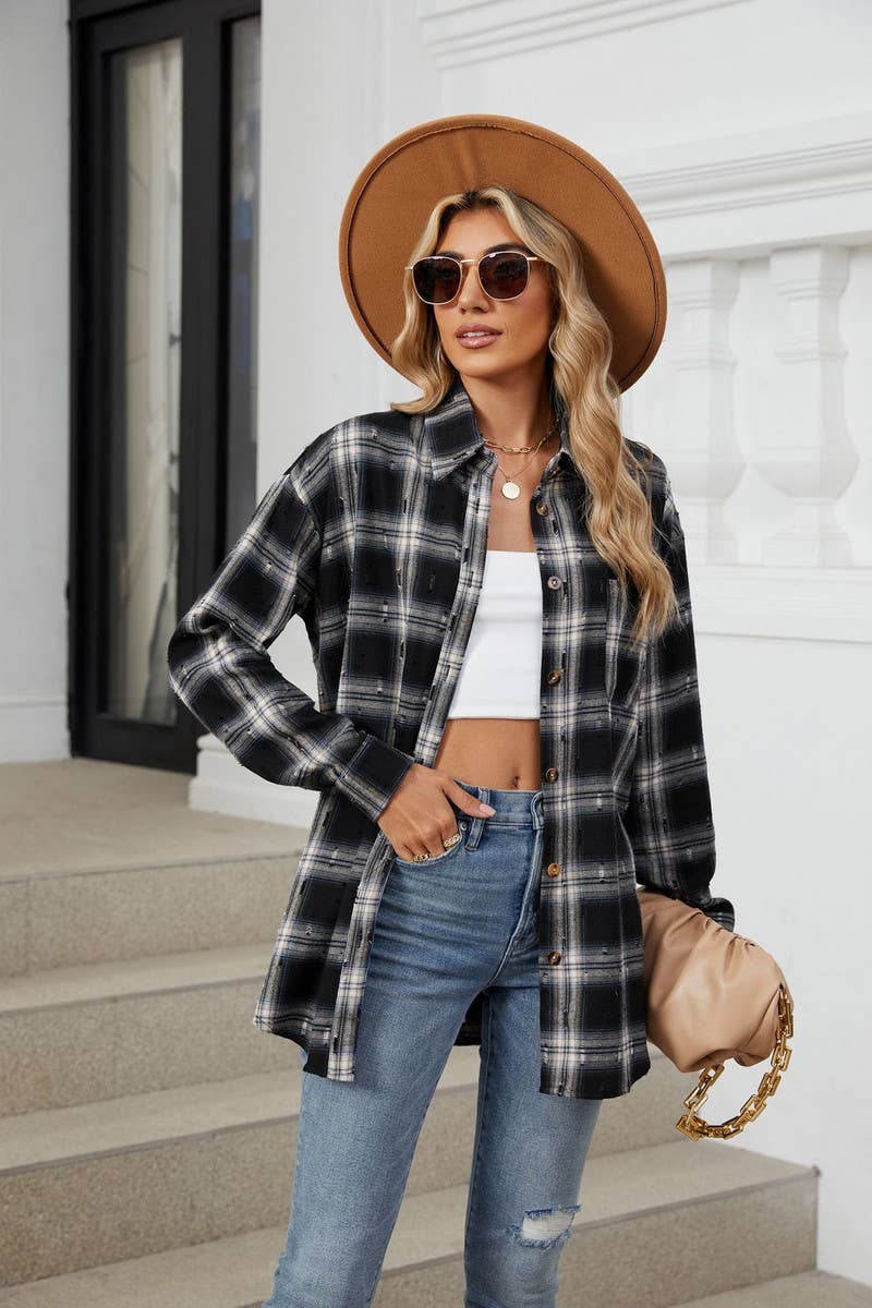 CWOBL0186_FLIP COLLAR VINTAGE CROCHET CHECKERED SHIRT