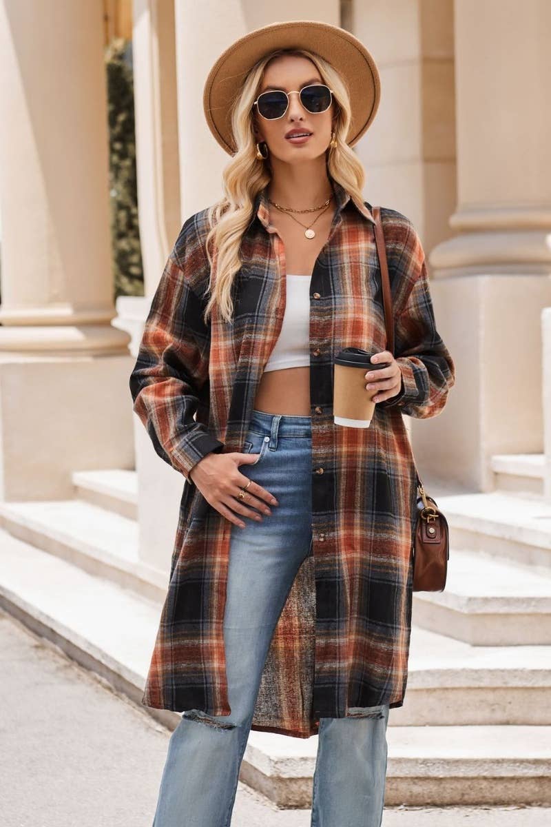 CWTSTL2182_AUTUMN WINTER PLAID LONG SLEEVE SHIRT LONG STYLE