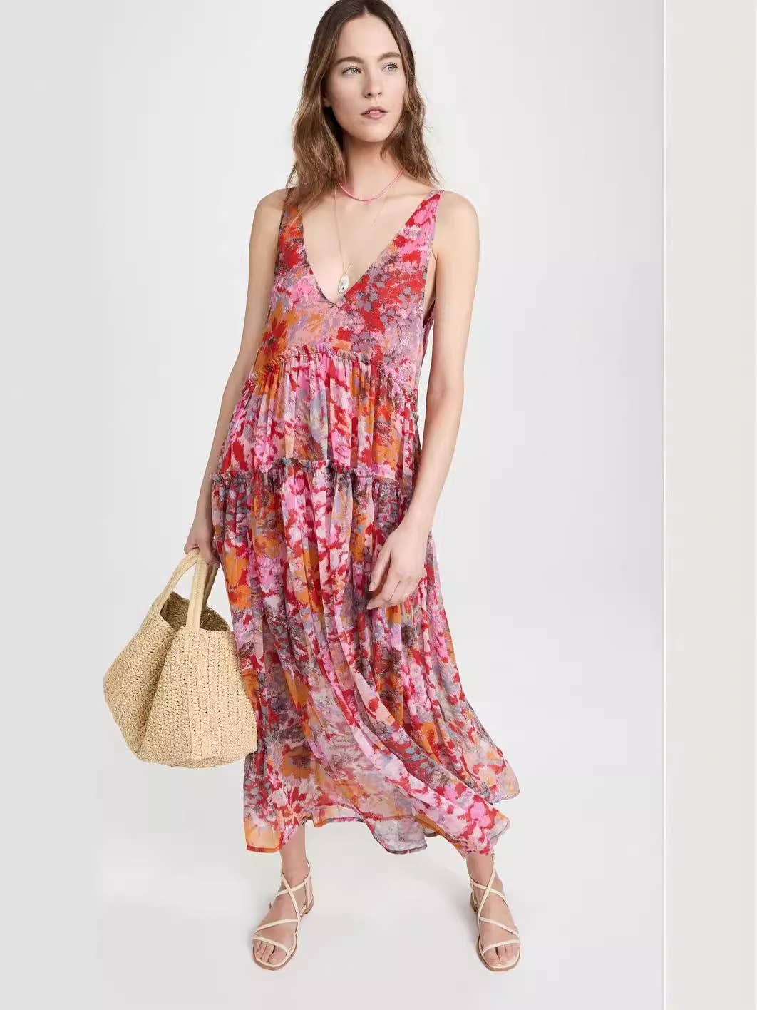 CASUAL LOOSE HOLIDAY CHIFFON PRINT HALTER DRESS