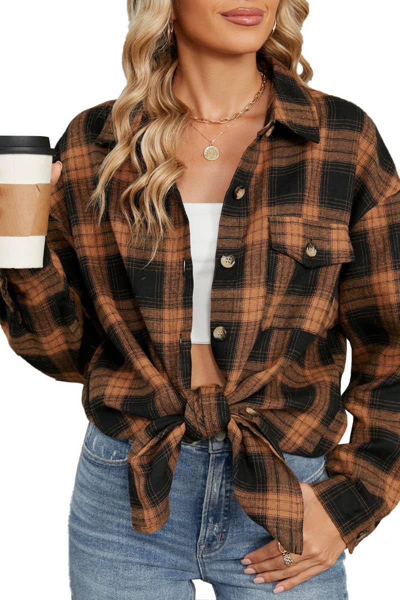 CWTBLL3745_AUTUMN AND WINTER STRIPED PLAID BUTTON-DOWN SHIRT