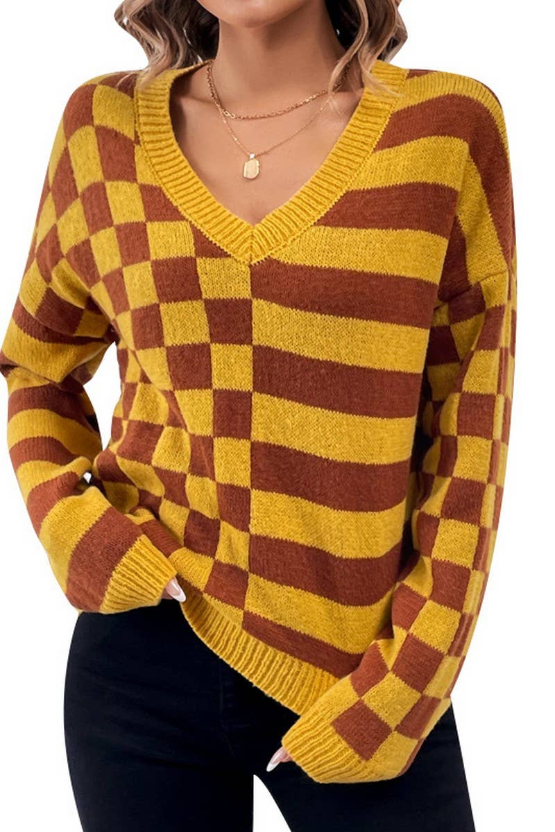 CWOSWL2692_V-NECK CASUAL STRIPED PLAID KNITTED TOP