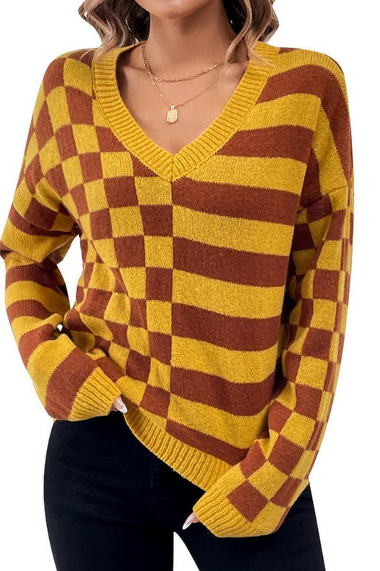 CWOSWL2692_V-NECK CASUAL STRIPED PLAID KNITTED TOP