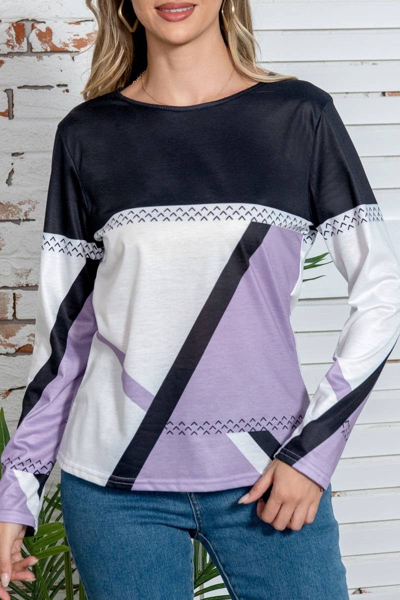 CWTBLL01155_GEOMETRIC COLOR-BLOCK LONG-SLEEVED T-SHIRT