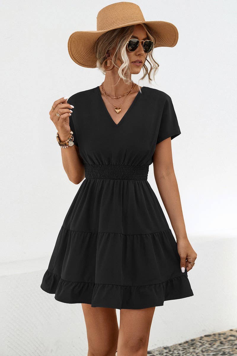 CWDSD4949_CASUAL V-NECK SOLID COLOR SHORT DRESS