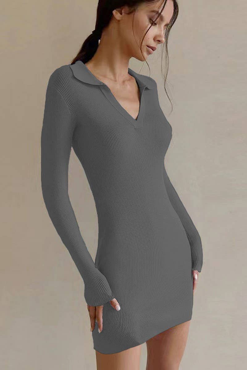 CWDSD7461_LAPEL RIBBED KNIT LONG SLEEVE BOTTOMING DRESS