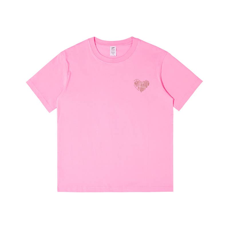 CWTTS0932_PINK LOVE HEART PRINTED ROUND NECK CASUAL T-SHIRT